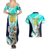 Custom Australia Soccer Couples Matching Summer Maxi Dress and Hawaiian Shirt Matildas Kangaroo With World Cup Trophy 2023 Turquoise Version - Wonder Print Shop
