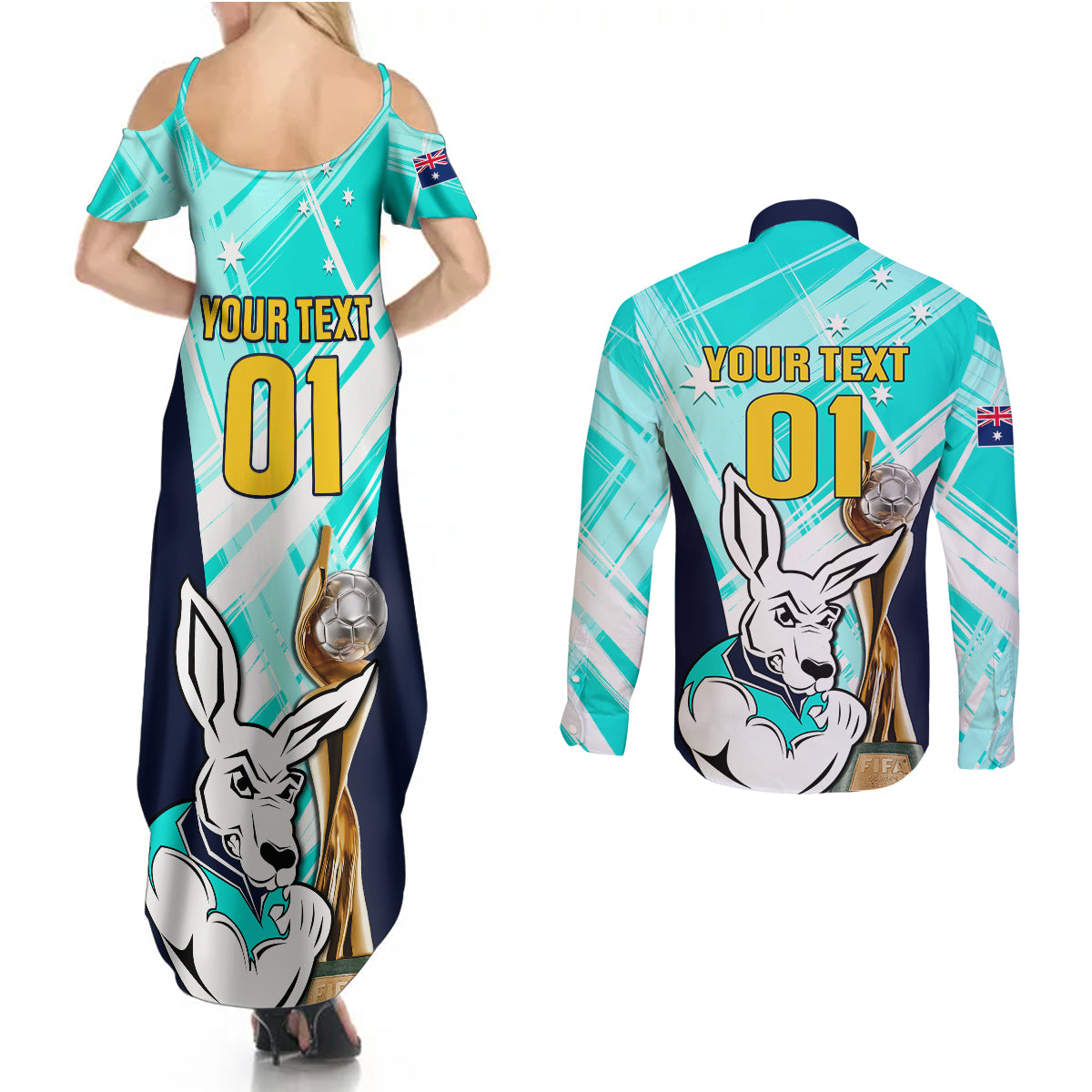 Custom Australia Soccer Couples Matching Summer Maxi Dress and Long Sleeve Button Shirts Matildas Kangaroo With World Cup Trophy 2023 Turquoise Version - Wonder Print Shop