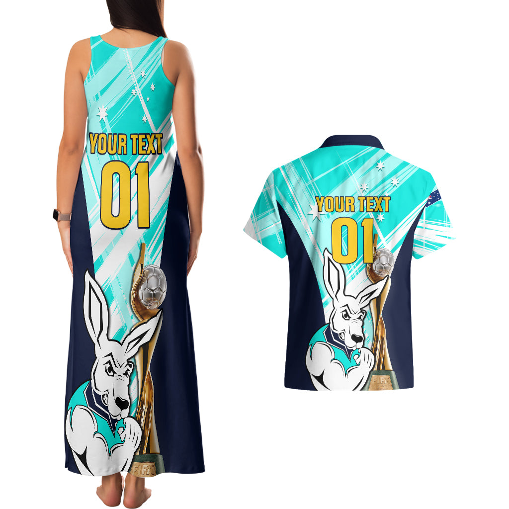 Custom Australia Soccer Couples Matching Tank Maxi Dress and Hawaiian Shirt Matildas Kangaroo With World Cup Trophy 2023 Turquoise Version - Wonder Print Shop