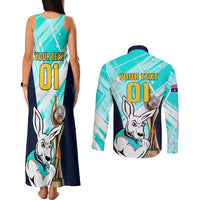 Custom Australia Soccer Couples Matching Tank Maxi Dress and Long Sleeve Button Shirts Matildas Kangaroo With World Cup Trophy 2023 Turquoise Version - Wonder Print Shop