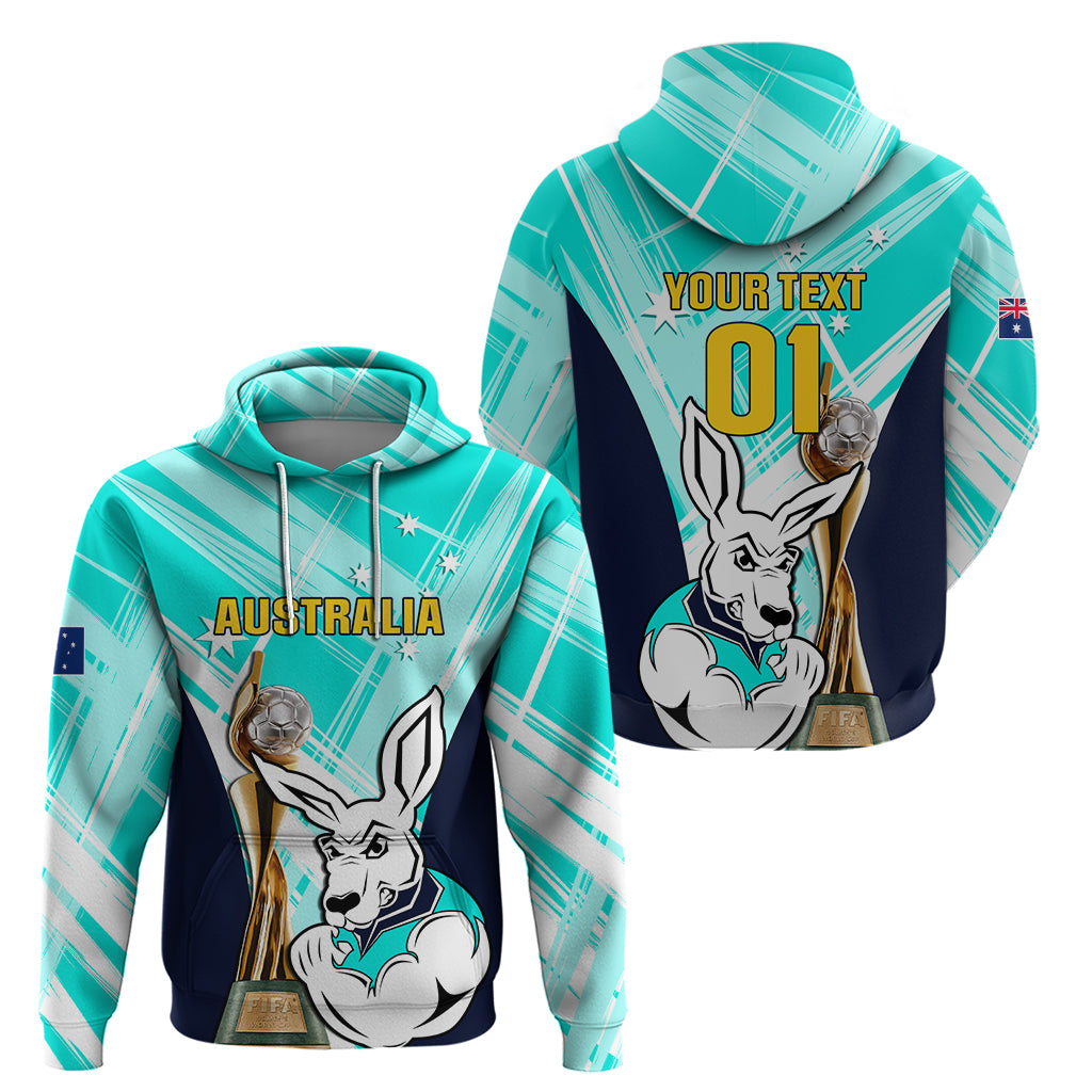 Custom Australia Soccer Hoodie Matildas Kangaroo With World Cup Trophy 2023 Turquoise Version - Wonder Print Shop