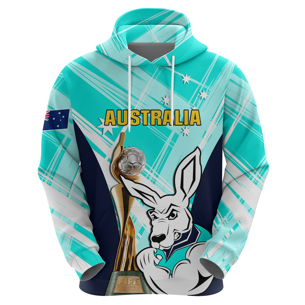 Custom Australia Soccer Hoodie Matildas Kangaroo With World Cup Trophy 2023 Turquoise Version - Wonder Print Shop