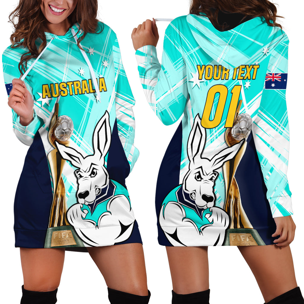 Custom Australia Soccer Hoodie Dress Matildas Kangaroo With World Cup Trophy 2023 Turquoise Version - Wonder Print Shop