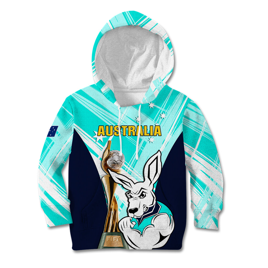 Custom Australia Soccer Kid Hoodie Matildas Kangaroo With World Cup Trophy 2023 Turquoise Version - Wonder Print Shop