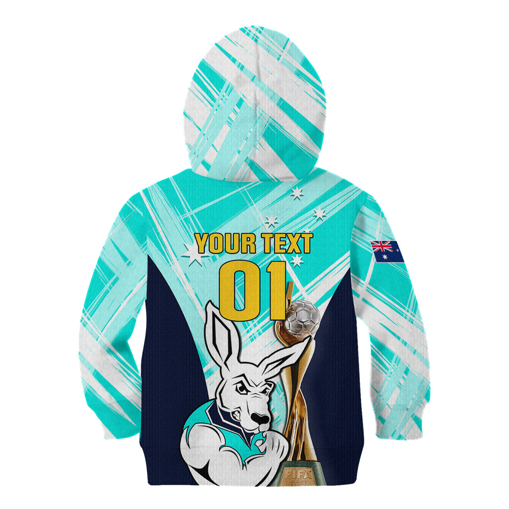 Custom Australia Soccer Kid Hoodie Matildas Kangaroo With World Cup Trophy 2023 Turquoise Version - Wonder Print Shop