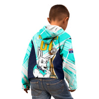 Custom Australia Soccer Kid Hoodie Matildas Kangaroo With World Cup Trophy 2023 Turquoise Version - Wonder Print Shop