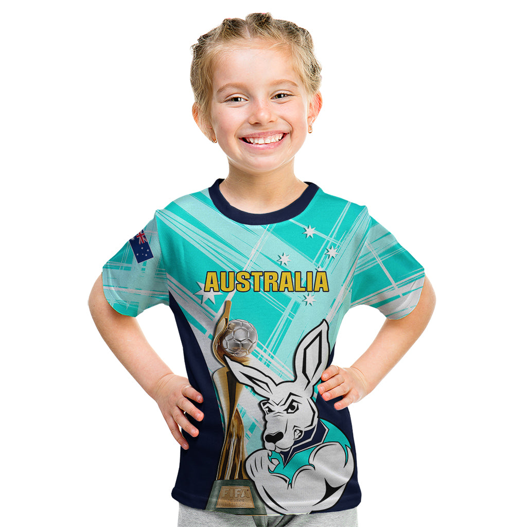 Custom Australia Soccer Kid T Shirt Matildas Kangaroo With World Cup Trophy 2023 Turquoise Version - Wonder Print Shop
