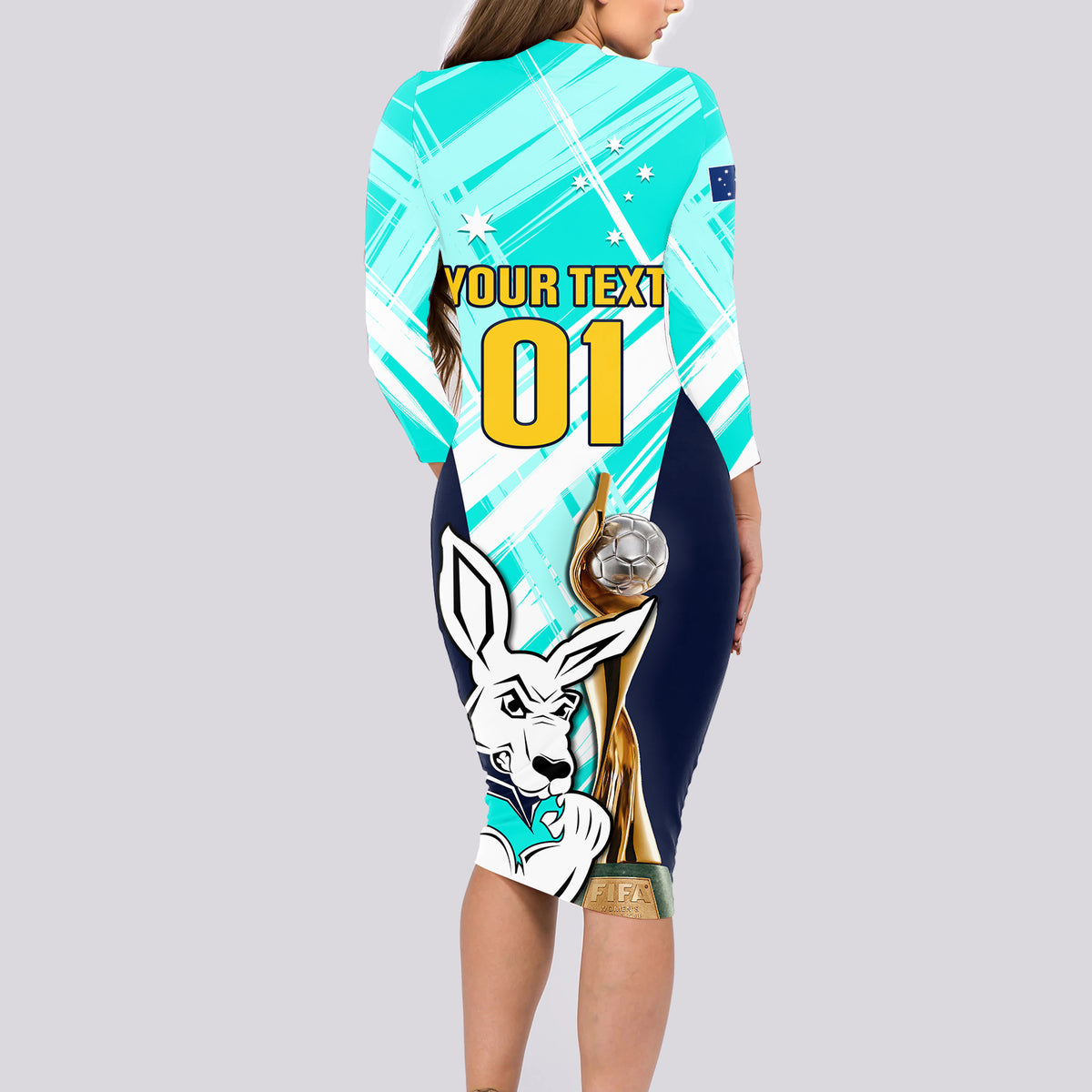 Custom Australia Soccer Long Sleeve Bodycon Dress Matildas Kangaroo With World Cup Trophy 2023 Turquoise Version - Wonder Print Shop