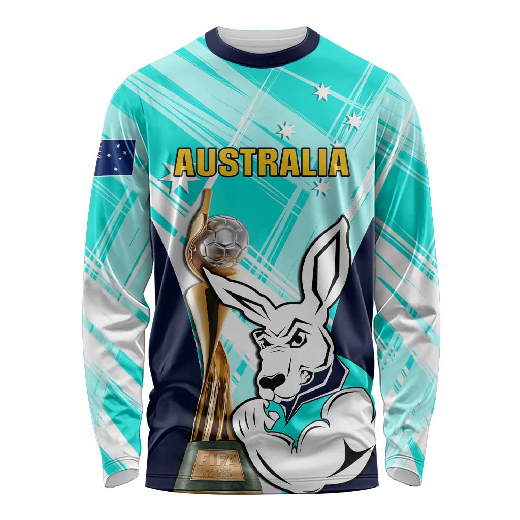 Custom Australia Soccer Long Sleeve Shirt Matildas Kangaroo With World Cup Trophy 2023 Turquoise Version LT01