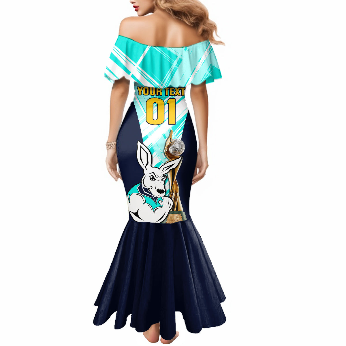 Custom Australia Soccer Mermaid Dress Matildas Kangaroo With World Cup Trophy 2023 Turquoise Version - Wonder Print Shop