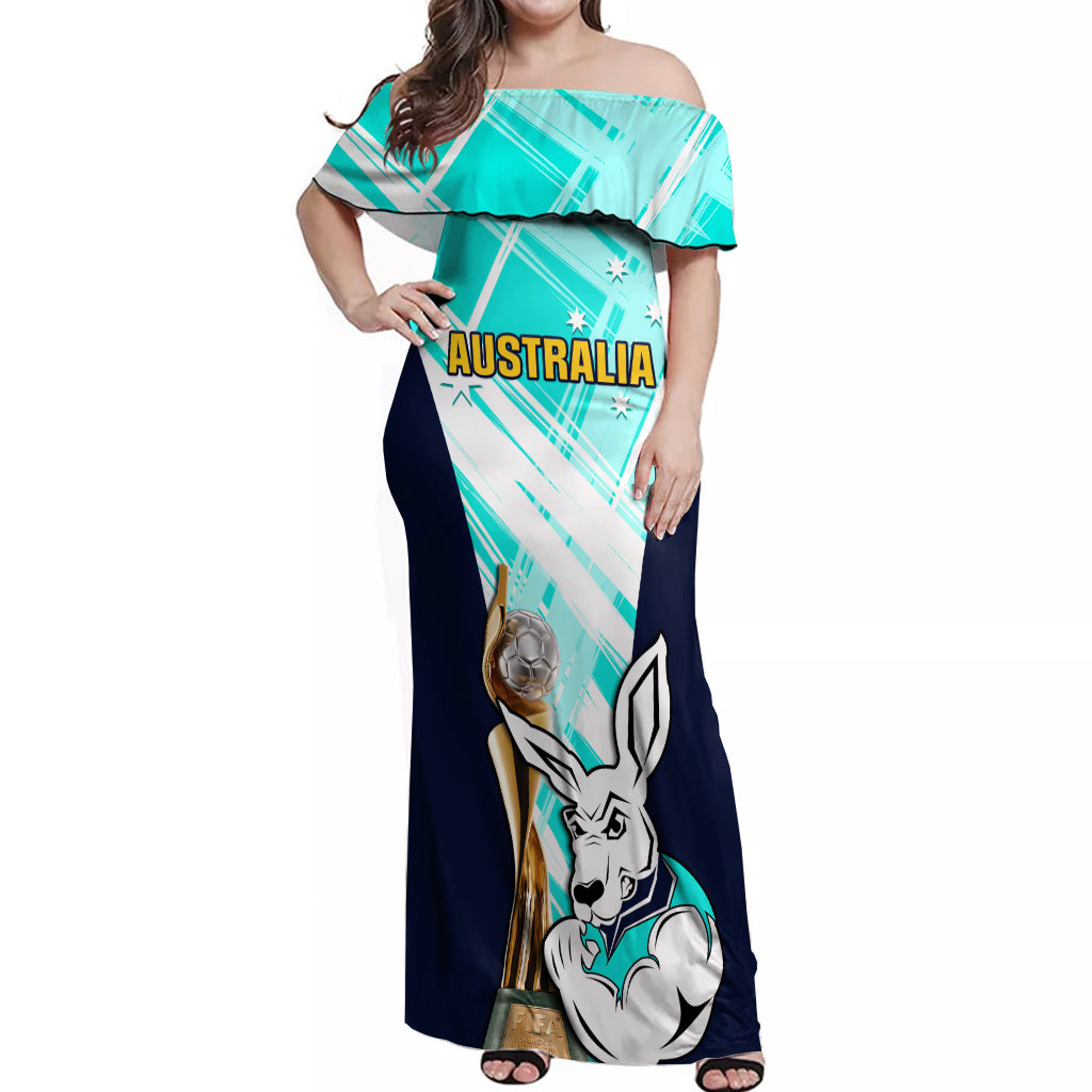 Custom Australia Soccer Off Shoulder Maxi Dress Matildas Kangaroo With World Cup Trophy 2023 Turquoise Version - Wonder Print Shop