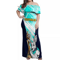 Custom Australia Soccer Off Shoulder Maxi Dress Matildas Kangaroo With World Cup Trophy 2023 Turquoise Version - Wonder Print Shop