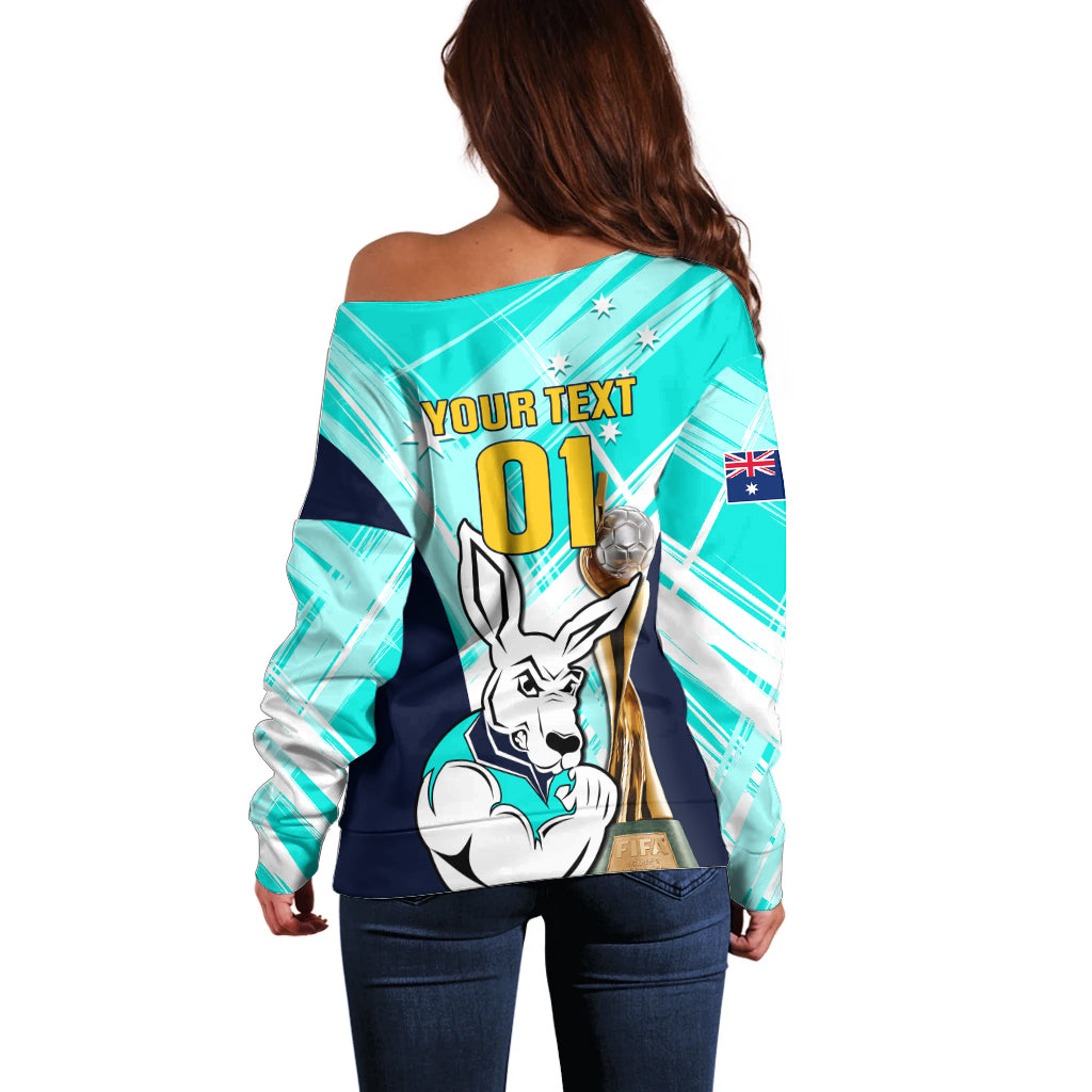 Custom Australia Soccer Off Shoulder Sweater Matildas Kangaroo With World Cup Trophy 2023 Turquoise Version - Wonder Print Shop
