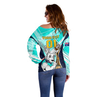 Custom Australia Soccer Off Shoulder Sweater Matildas Kangaroo With World Cup Trophy 2023 Turquoise Version - Wonder Print Shop