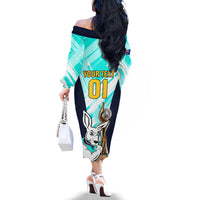 Custom Australia Soccer Off The Shoulder Long Sleeve Dress Matildas Kangaroo With World Cup Trophy 2023 Turquoise Version - Wonder Print Shop