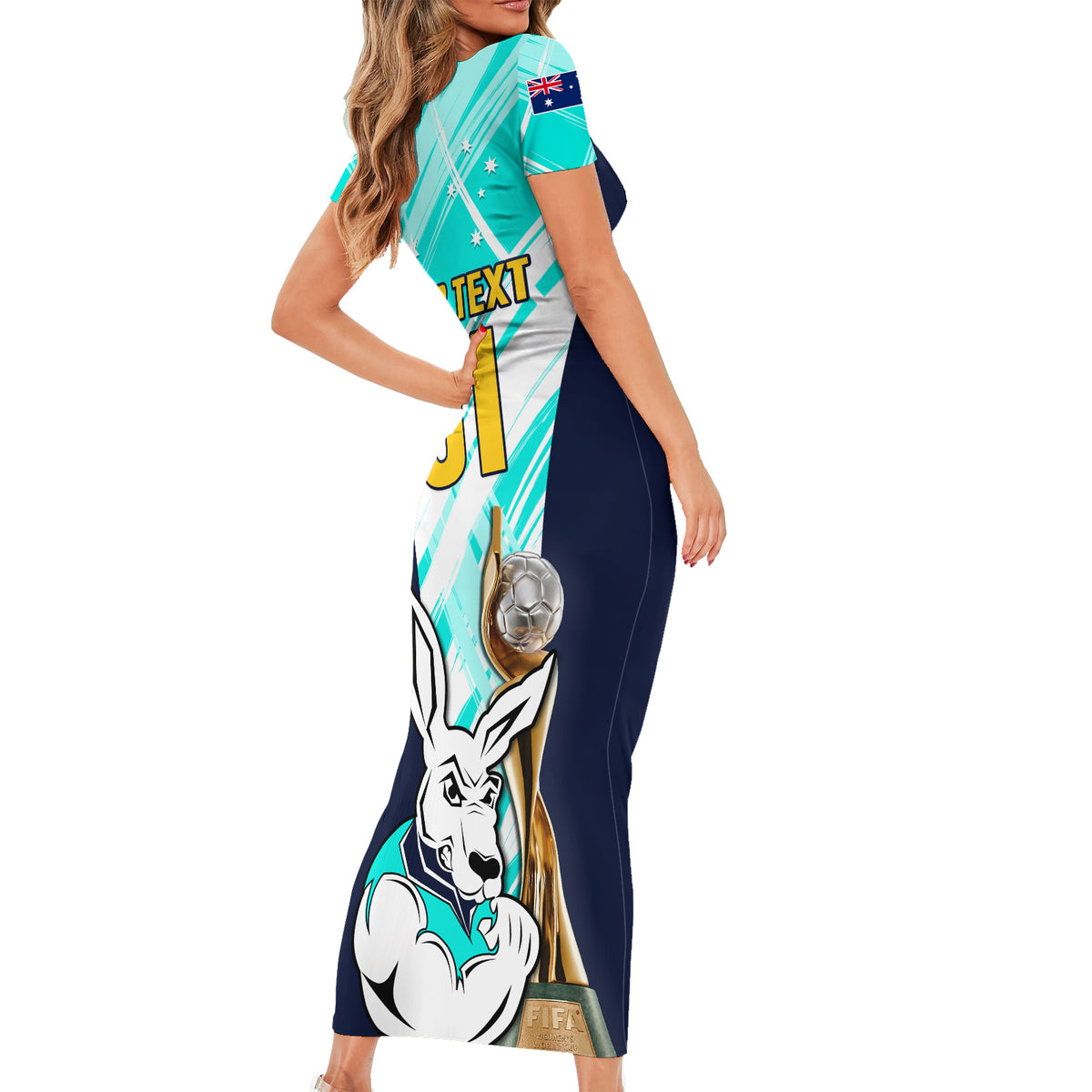 Custom Australia Soccer Short Sleeve Bodycon Dress Matildas Kangaroo With World Cup Trophy 2023 Turquoise Version - Wonder Print Shop