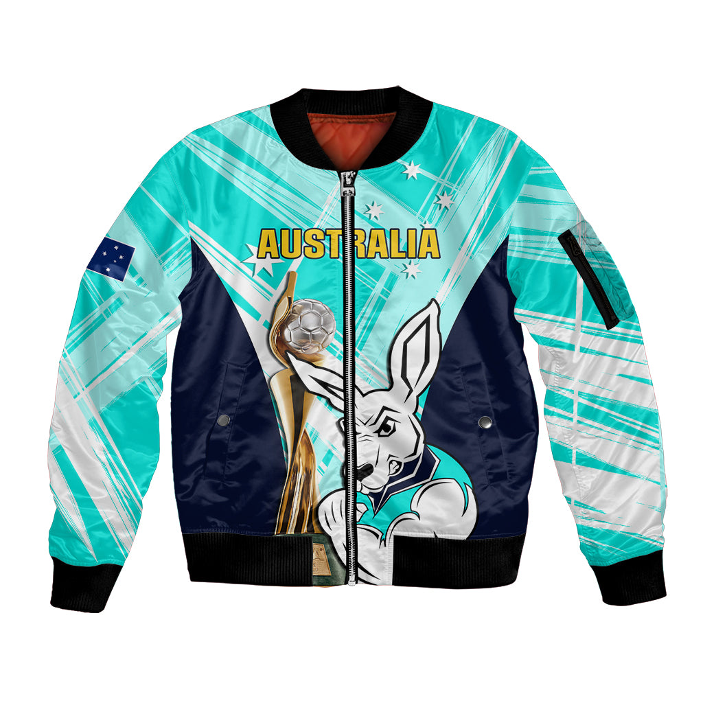 Custom Australia Soccer Sleeve Zip Bomber Jacket Matildas Kangaroo With World Cup Trophy 2023 Turquoise Version - Wonder Print Shop