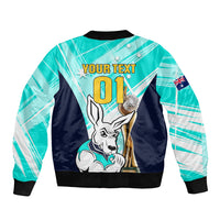 Custom Australia Soccer Sleeve Zip Bomber Jacket Matildas Kangaroo With World Cup Trophy 2023 Turquoise Version - Wonder Print Shop