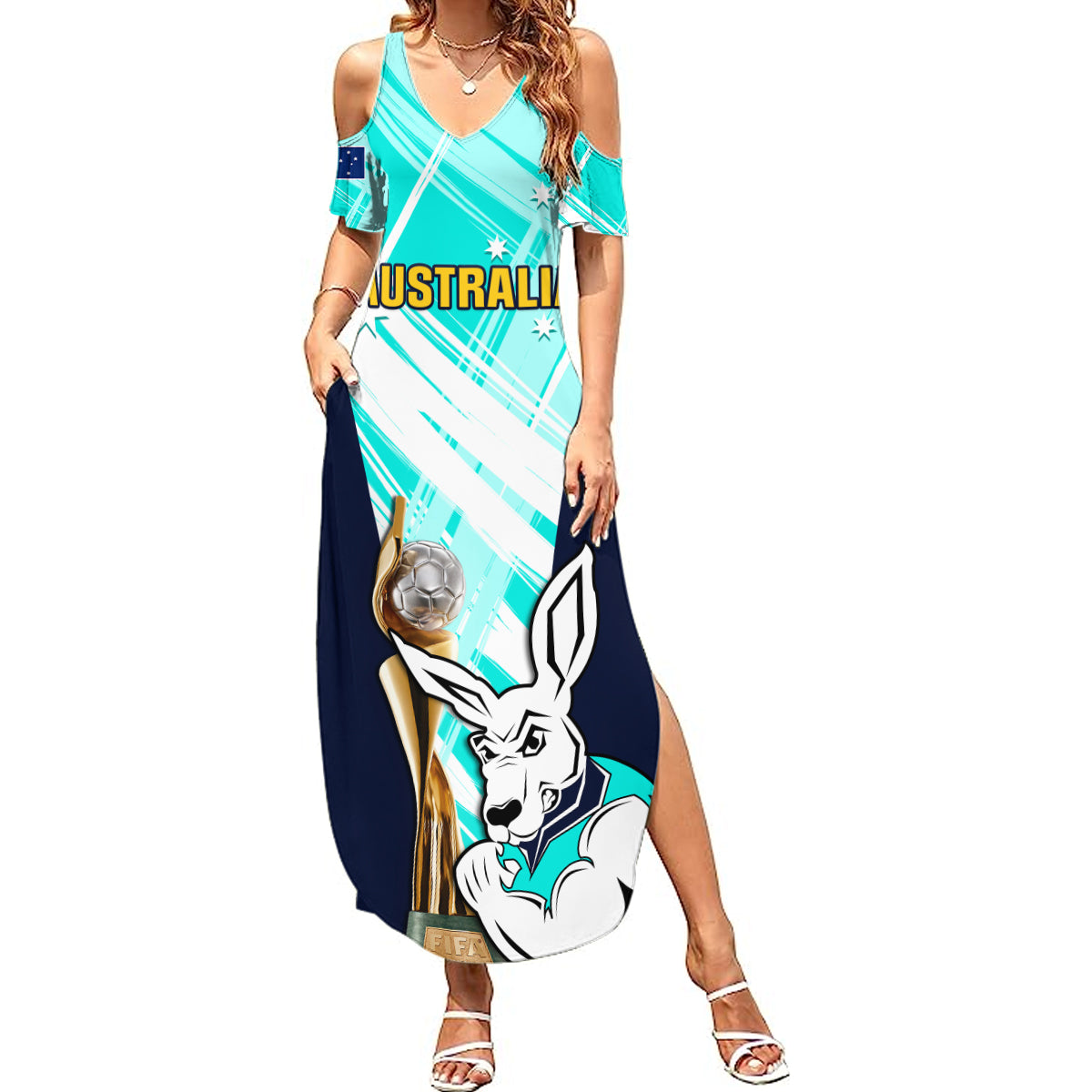 Custom Australia Soccer Summer Maxi Dress Matildas Kangaroo With World Cup Trophy 2023 Turquoise Version - Wonder Print Shop