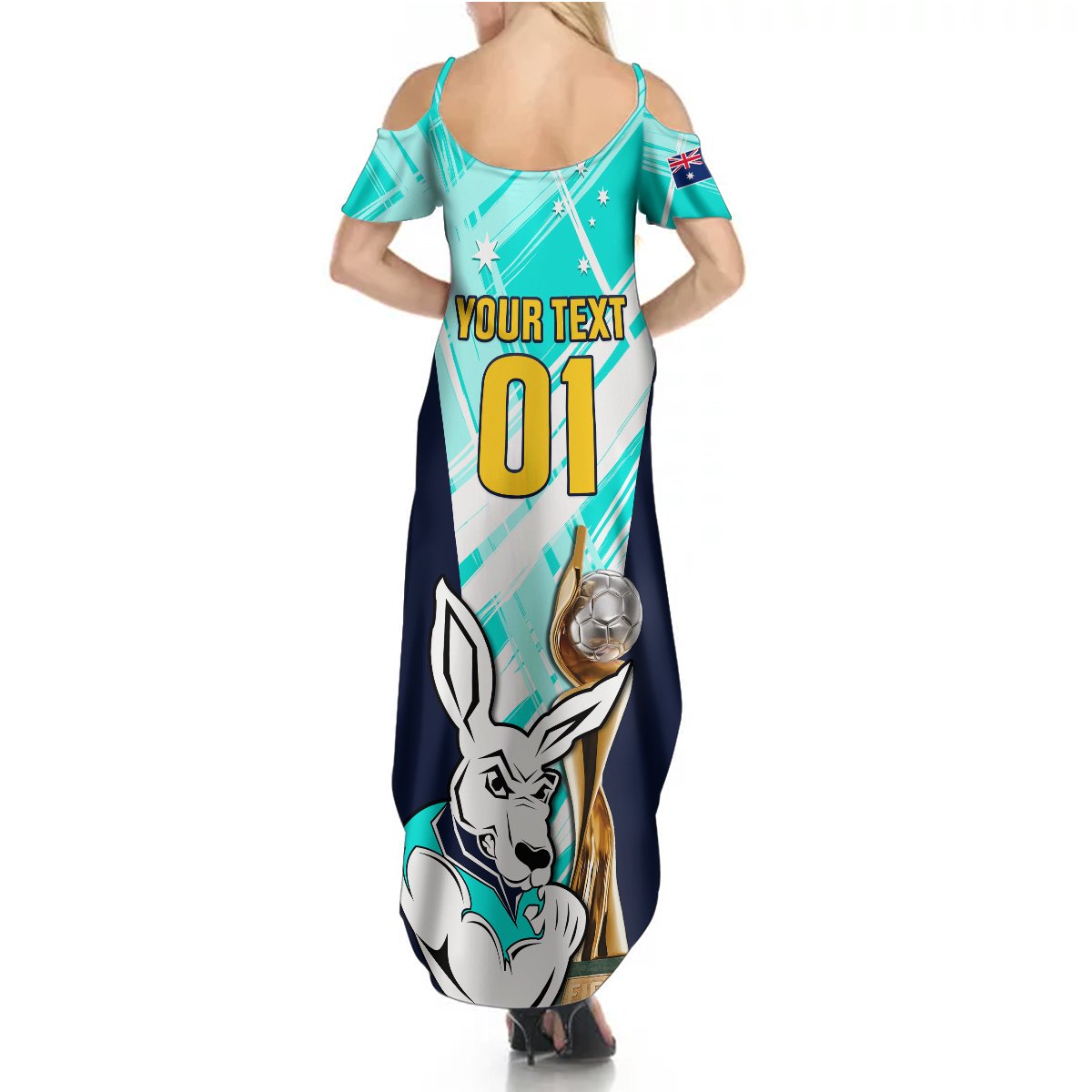 Custom Australia Soccer Summer Maxi Dress Matildas Kangaroo With World Cup Trophy 2023 Turquoise Version - Wonder Print Shop