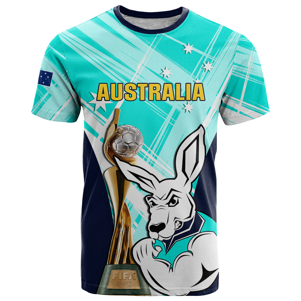 Custom Australia Soccer T Shirt Matildas Kangaroo With World Cup Trophy 2023 Turquoise Version - Wonder Print Shop