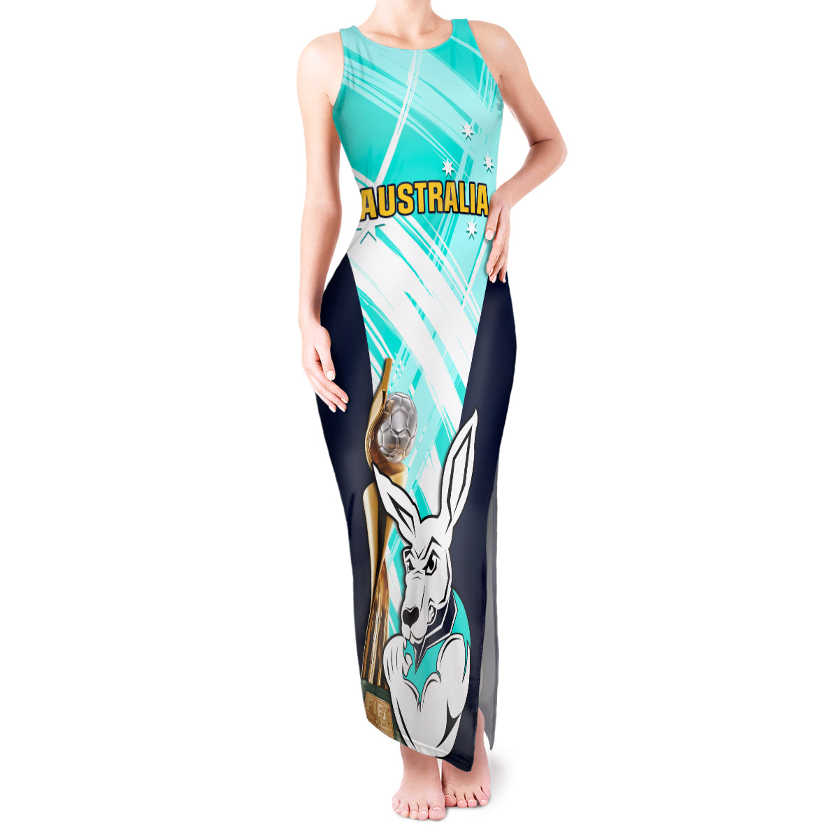 Custom Australia Soccer Tank Maxi Dress Matildas Kangaroo With World Cup Trophy 2023 Turquoise Version - Wonder Print Shop