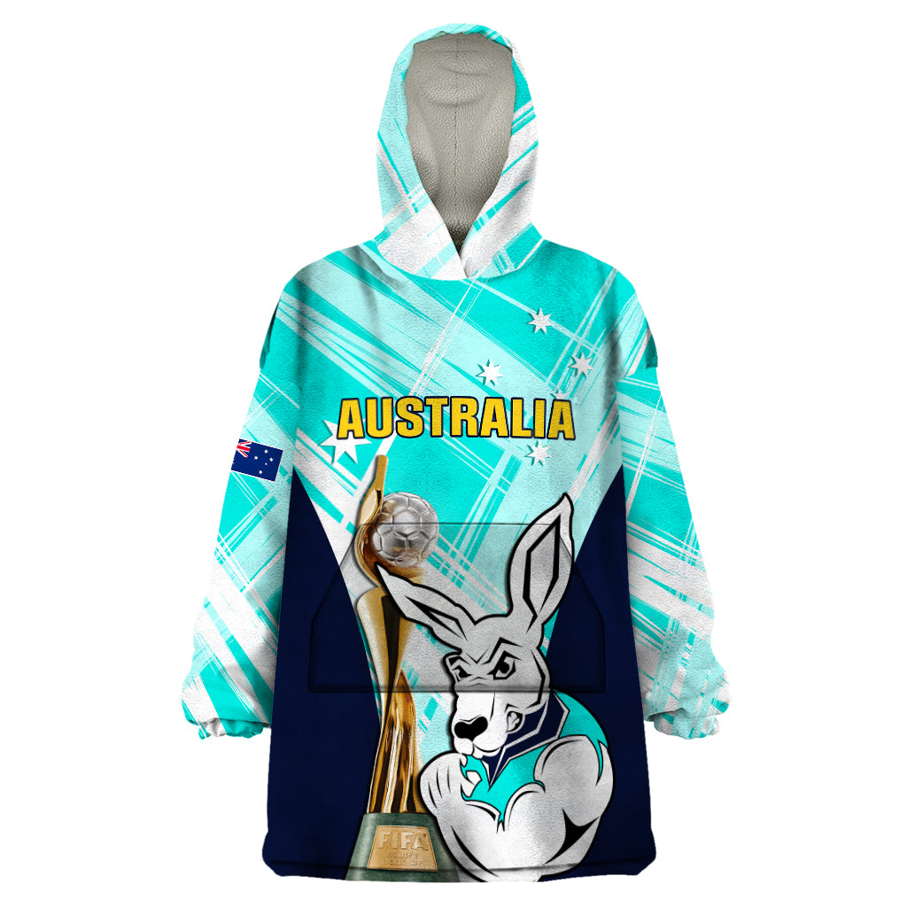 Custom Australia Soccer Wearable Blanket Hoodie Matildas Kangaroo With World Cup Trophy 2023 Turquoise Version - Wonder Print Shop