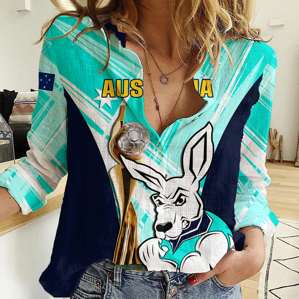 Custom Australia Soccer Women Casual Shirt Matildas Kangaroo With World Cup Trophy 2023 Turquoise Version - Wonder Print Shop
