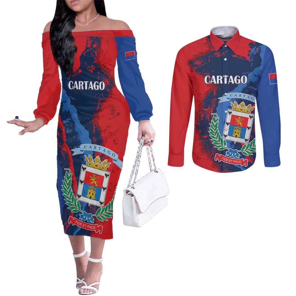 Personalized Costa Rica Cartago Province Couples Matching Off The Shoulder Long Sleeve Dress and Long Sleeve Button Shirt Brumosos Hometown - Wonder Print Shop