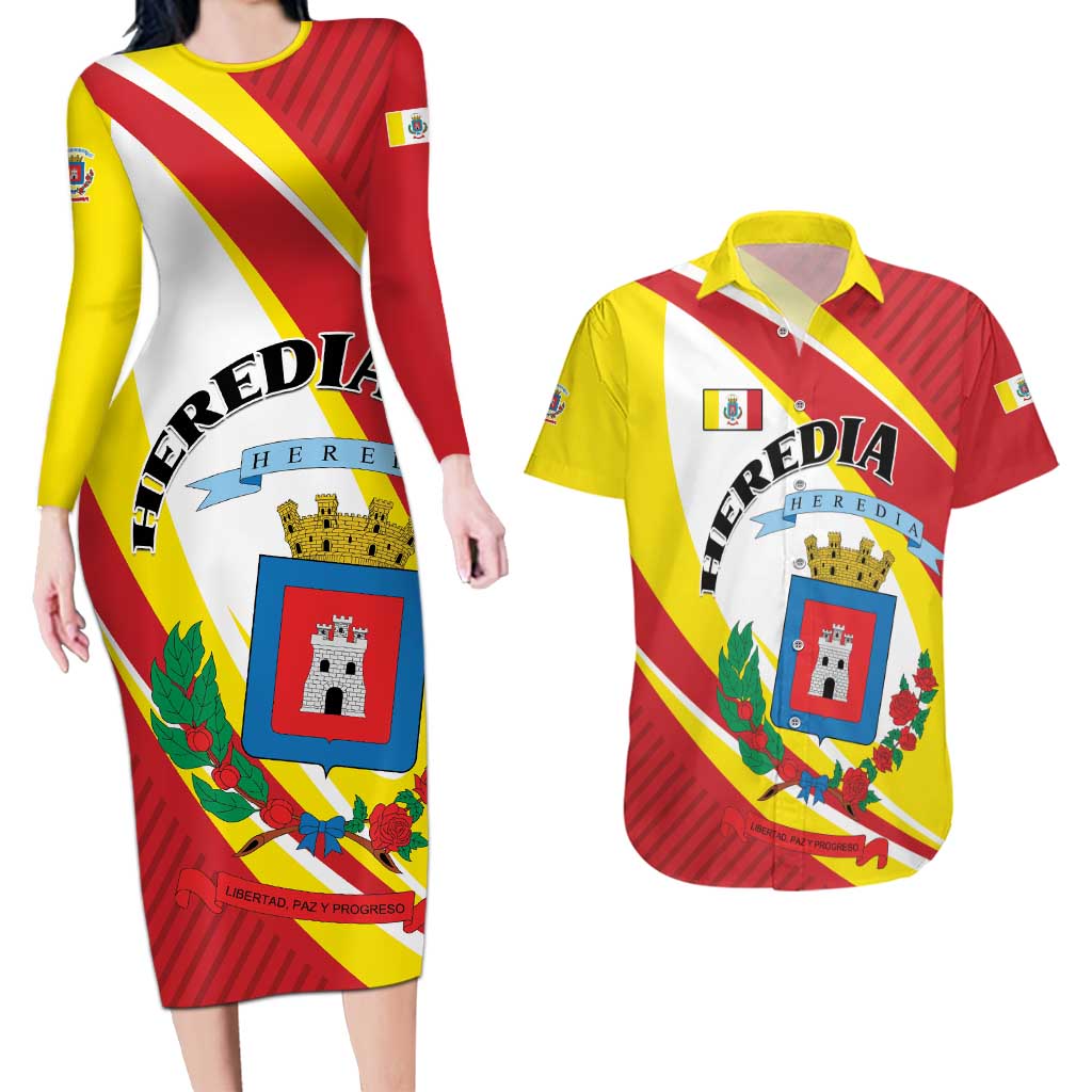 Personalized Costa Rica Heredia Province Couples Matching Long Sleeve Bodycon Dress and Hawaiian Shirt - Wonder Print Shop