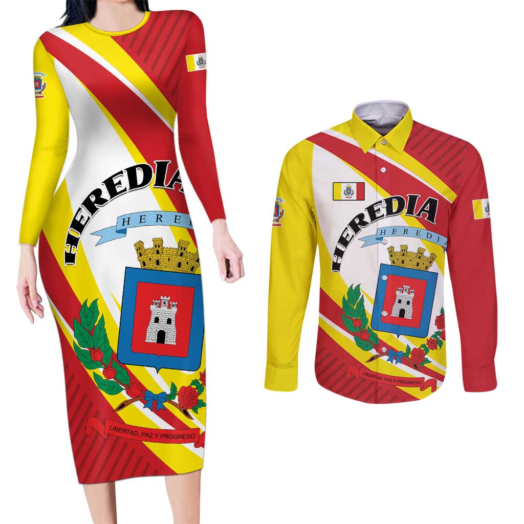 Personalized Costa Rica Heredia Province Couples Matching Long Sleeve Bodycon Dress and Long Sleeve Button Shirt - Wonder Print Shop