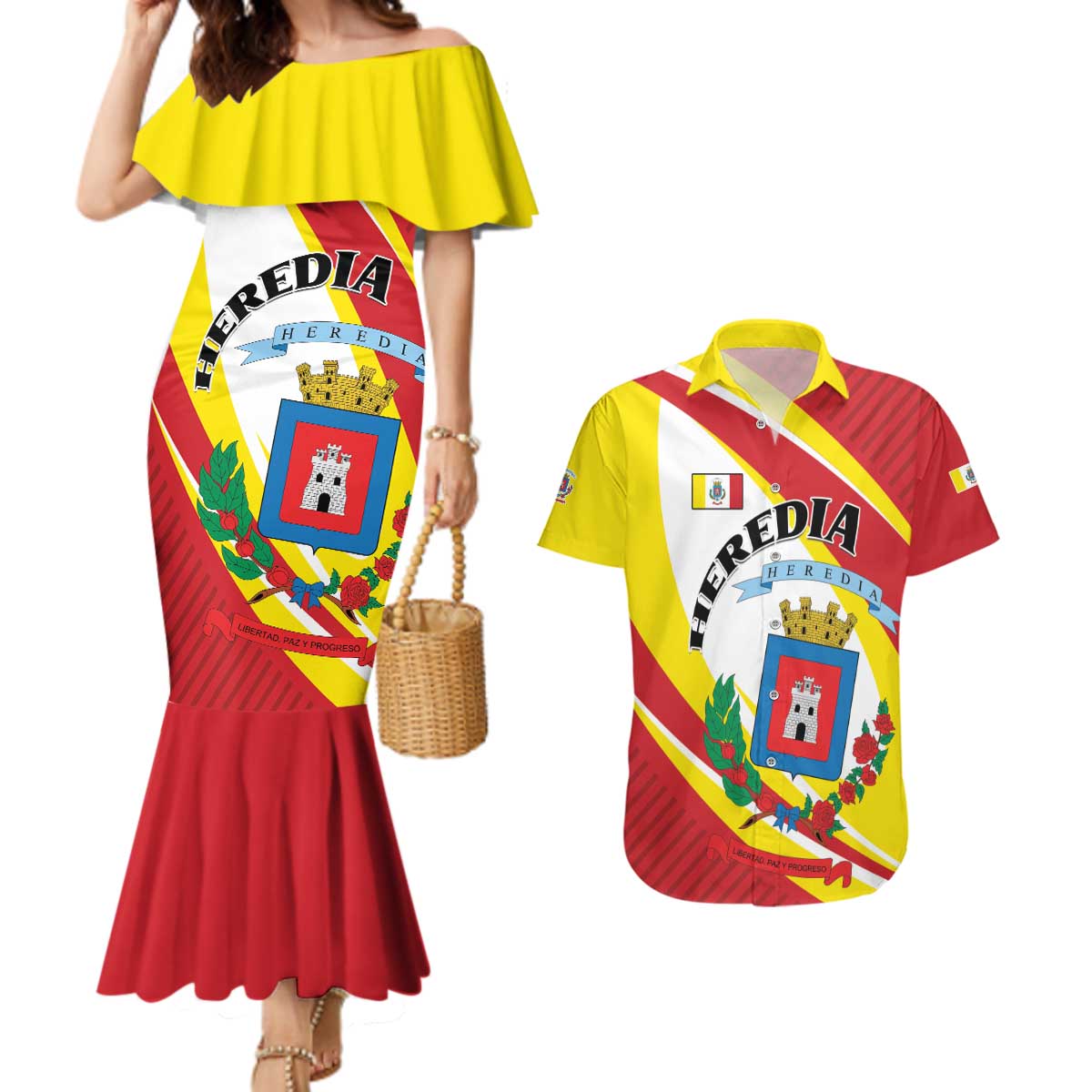 Personalized Costa Rica Heredia Province Couples Matching Mermaid Dress and Hawaiian Shirt - Wonder Print Shop