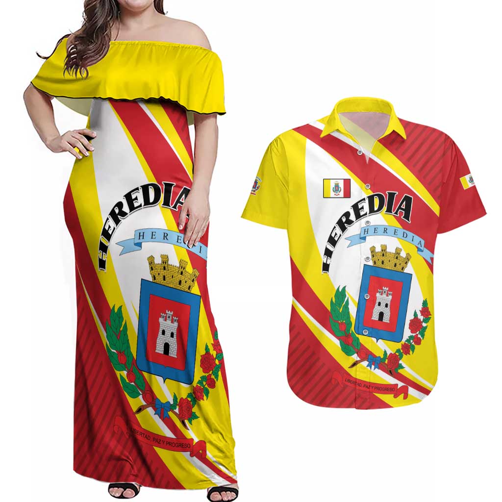 Personalized Costa Rica Heredia Province Couples Matching Off Shoulder Maxi Dress and Hawaiian Shirt - Wonder Print Shop
