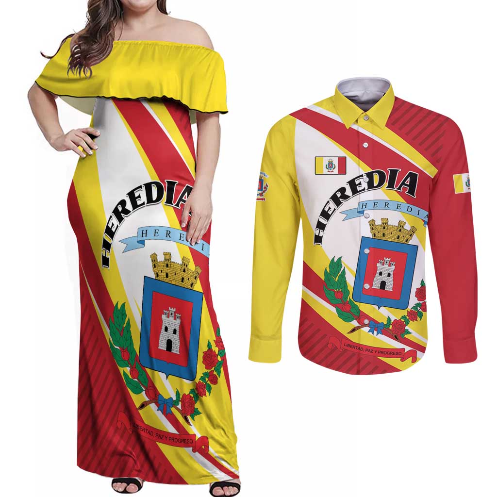 Personalized Costa Rica Heredia Province Couples Matching Off Shoulder Maxi Dress and Long Sleeve Button Shirt - Wonder Print Shop