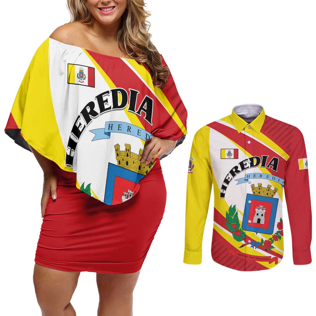 Personalized Costa Rica Heredia Province Couples Matching Off Shoulder Short Dress and Long Sleeve Button Shirt - Wonder Print Shop