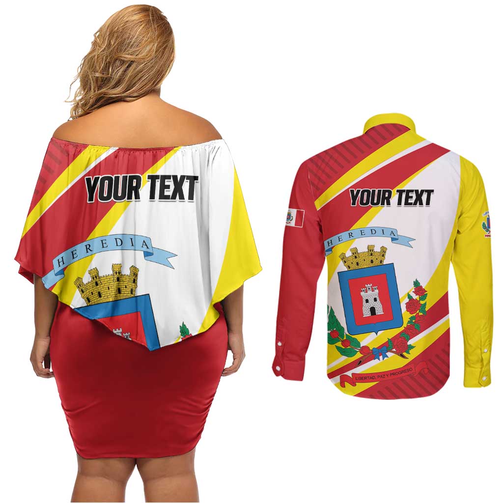 Personalized Costa Rica Heredia Province Couples Matching Off Shoulder Short Dress and Long Sleeve Button Shirt - Wonder Print Shop