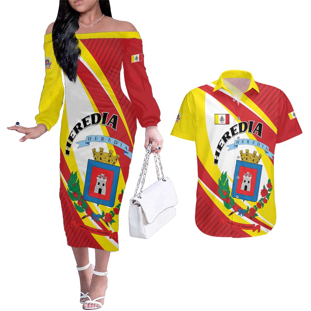 Personalized Costa Rica Heredia Province Couples Matching Off The Shoulder Long Sleeve Dress and Hawaiian Shirt - Wonder Print Shop