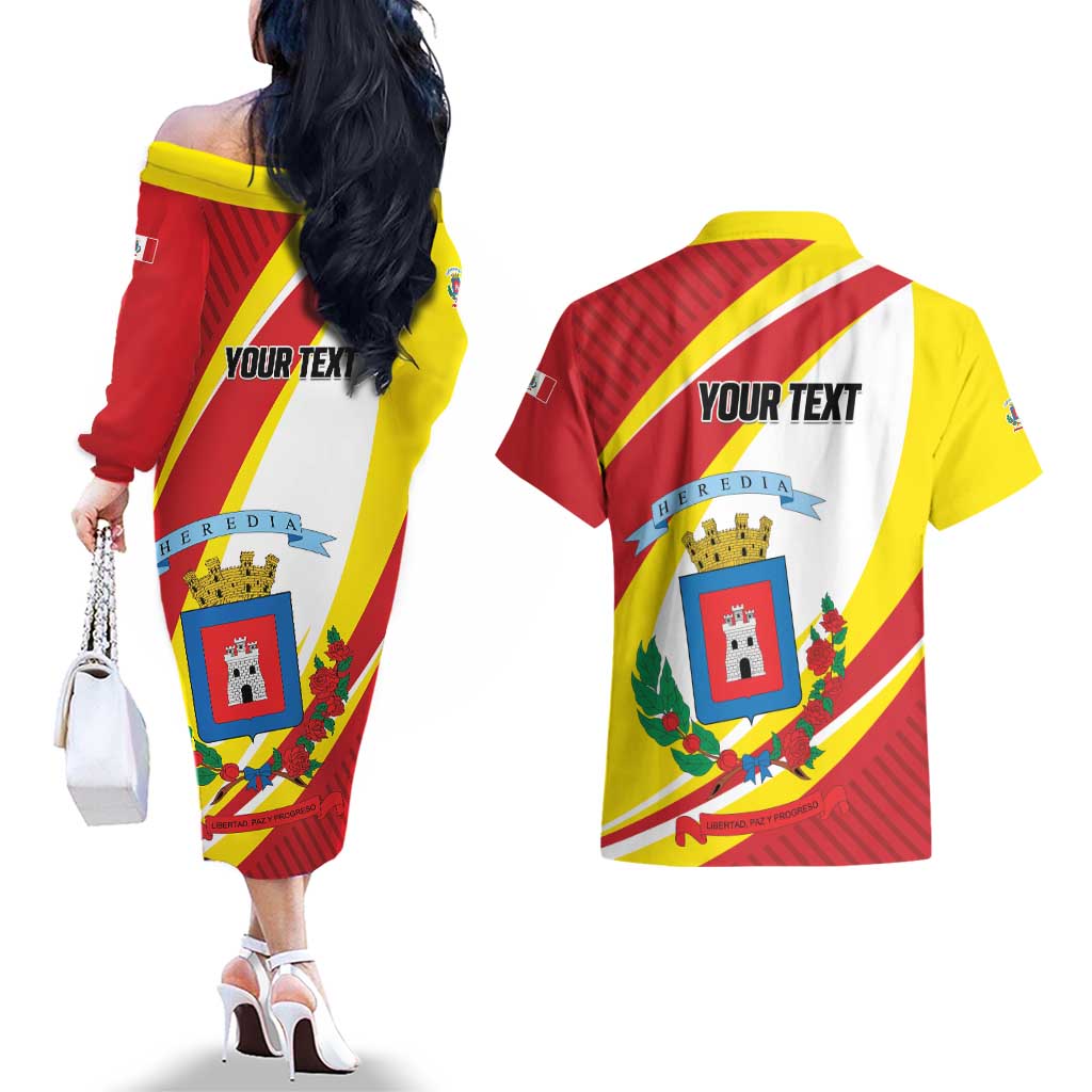 Personalized Costa Rica Heredia Province Couples Matching Off The Shoulder Long Sleeve Dress and Hawaiian Shirt - Wonder Print Shop