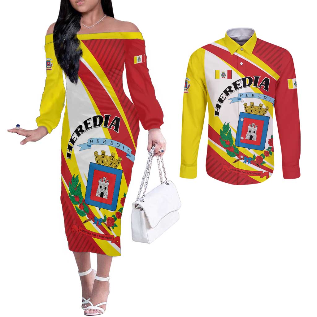 Personalized Costa Rica Heredia Province Couples Matching Off The Shoulder Long Sleeve Dress and Long Sleeve Button Shirt - Wonder Print Shop