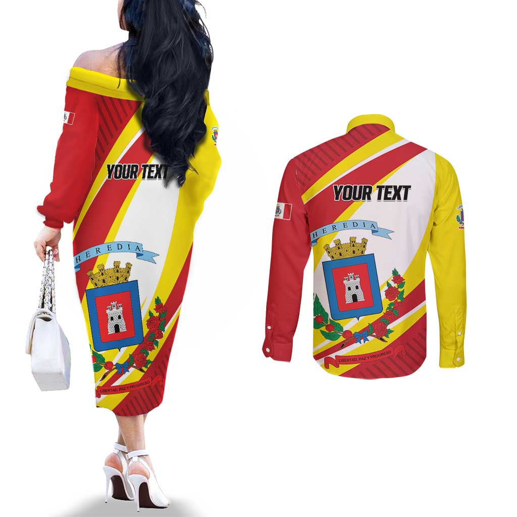 Personalized Costa Rica Heredia Province Couples Matching Off The Shoulder Long Sleeve Dress and Long Sleeve Button Shirt - Wonder Print Shop