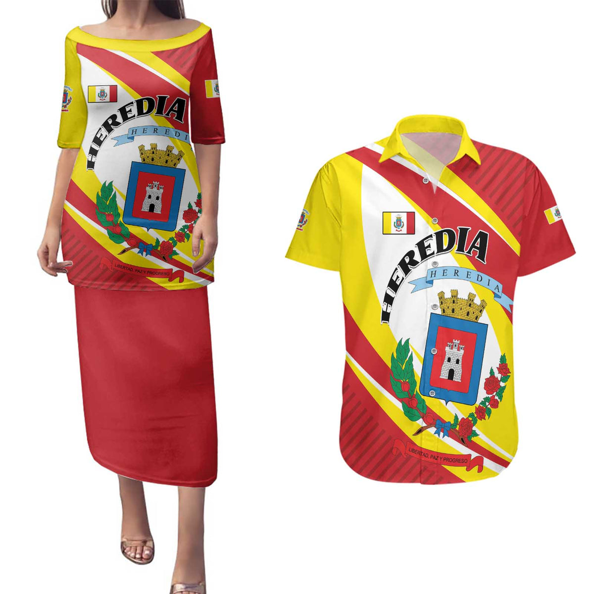Personalized Costa Rica Heredia Province Couples Matching Puletasi and Hawaiian Shirt - Wonder Print Shop