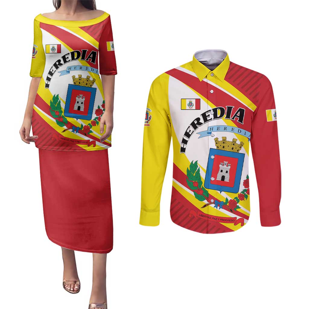 Personalized Costa Rica Heredia Province Couples Matching Puletasi and Long Sleeve Button Shirt - Wonder Print Shop