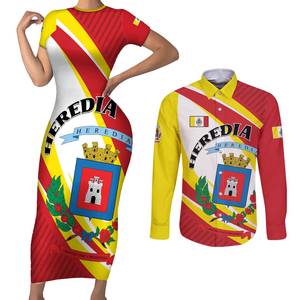 Personalized Costa Rica Heredia Province Couples Matching Short Sleeve Bodycon Dress and Long Sleeve Button Shirt - Wonder Print Shop