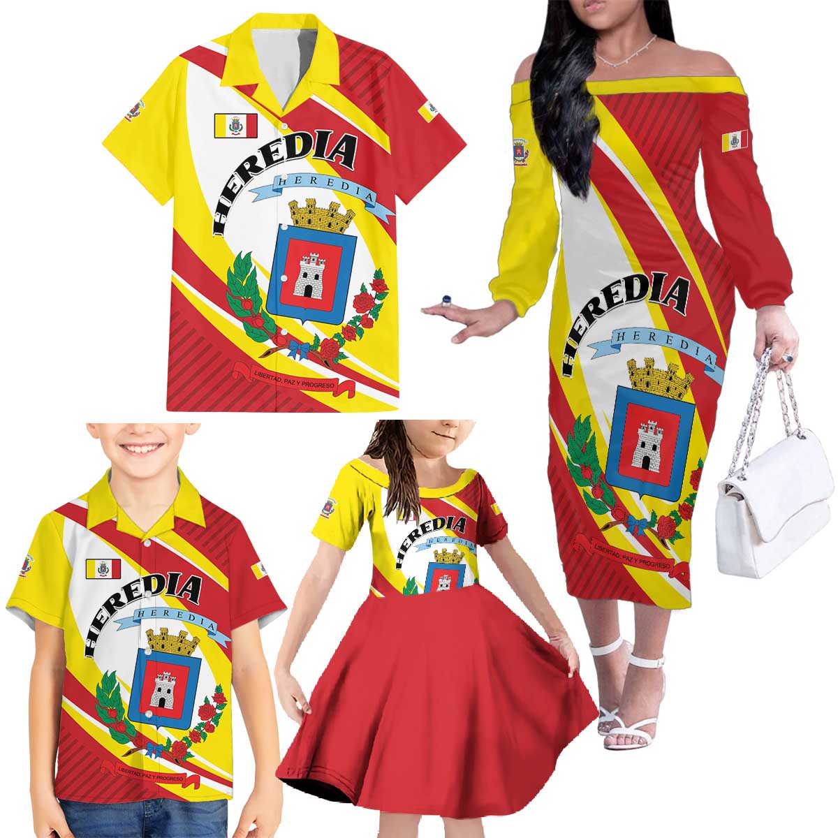 Personalized Costa Rica Heredia Province Family Matching Off The Shoulder Long Sleeve Dress and Hawaiian Shirt - Wonder Print Shop