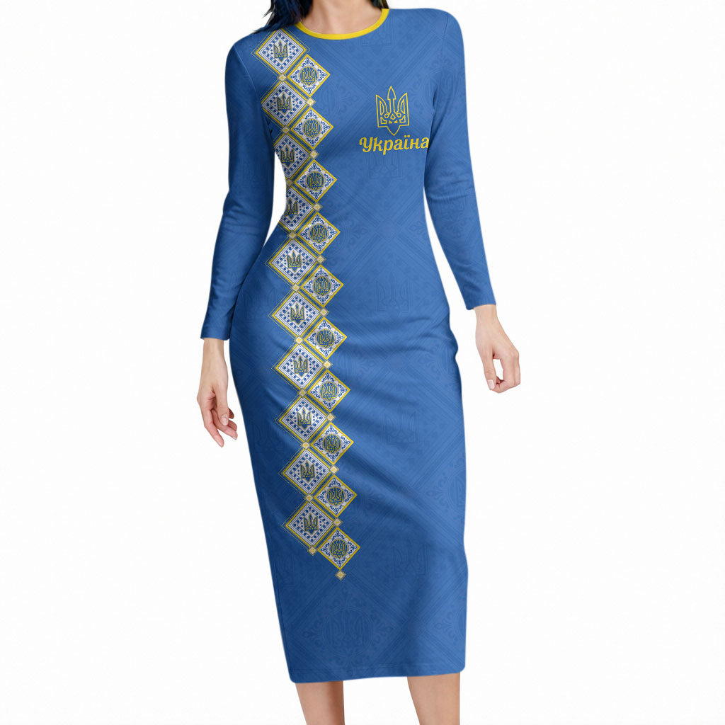 Personalised Ukrainian Tryzub Pattern Long Sleeve Bodycon Dress
