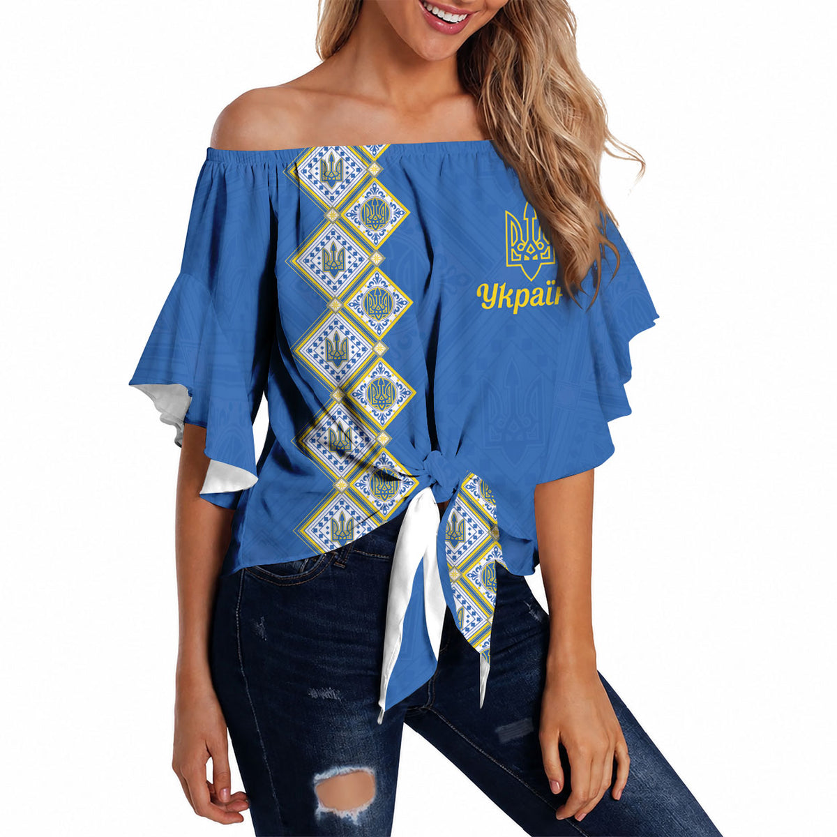 Personalised Ukrainian Tryzub Pattern Off Shoulder Wrap Waist Top