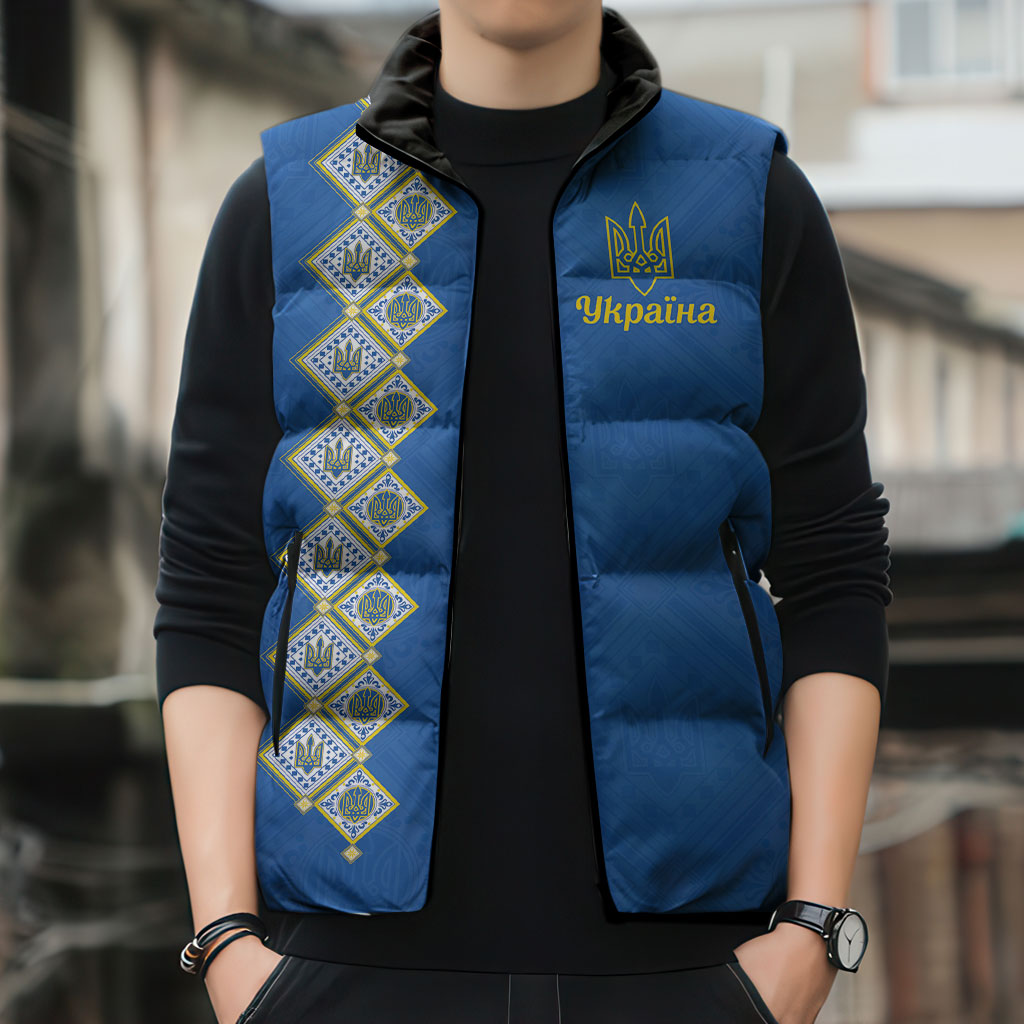 Personalised Ukrainian Tryzub Pattern Sleeveless Puffer Jacket