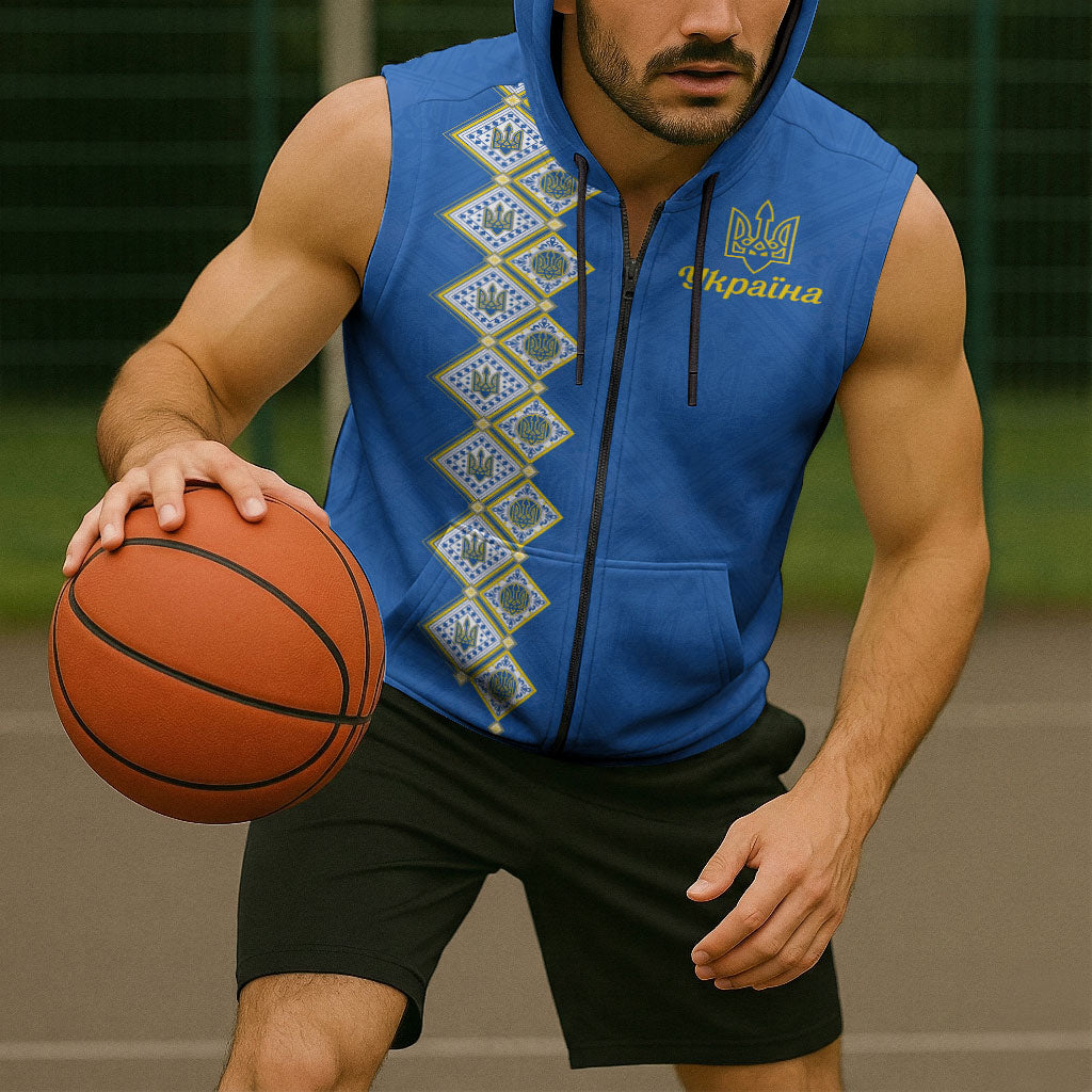 Personalised Ukrainian Tryzub Pattern Sleeveless Zip Hoodie