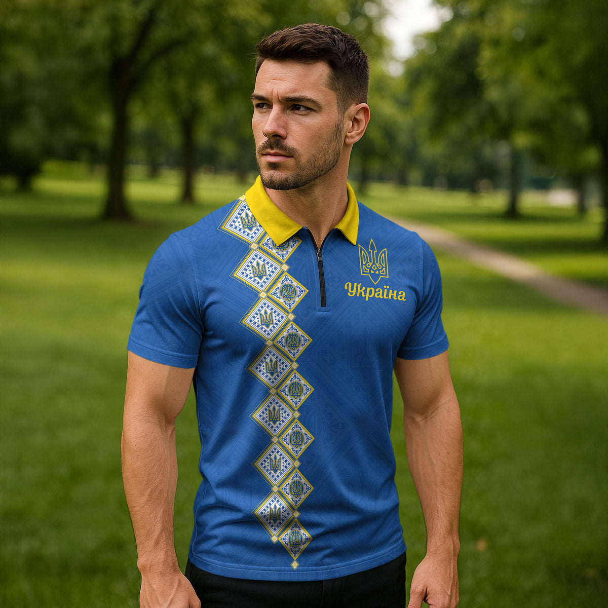 Personalised Ukrainian Tryzub Pattern Zipper Polo Shirt