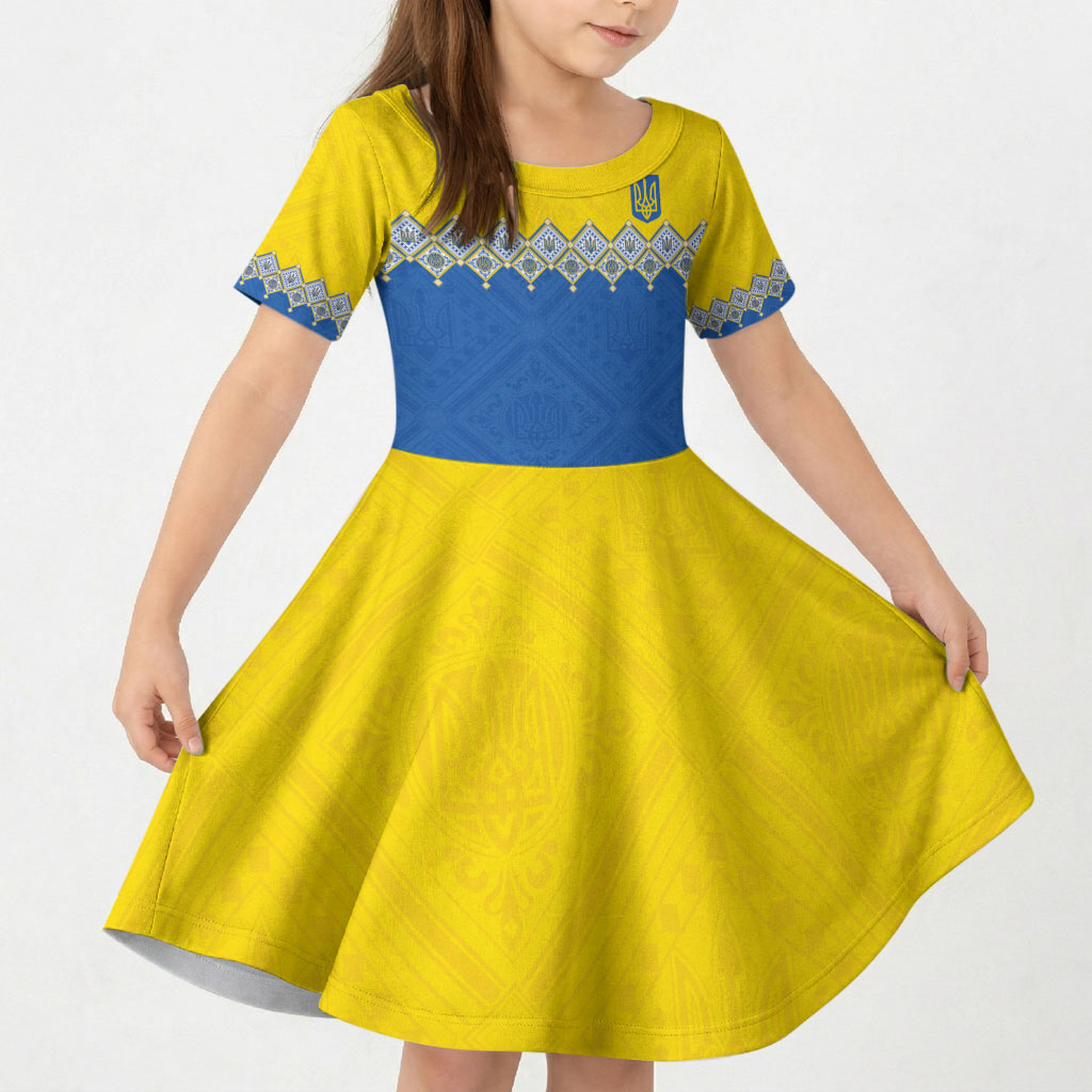 Ukraine Trident Symbol Kid Short Sleeve Dress Ukrainian Flag Inspired